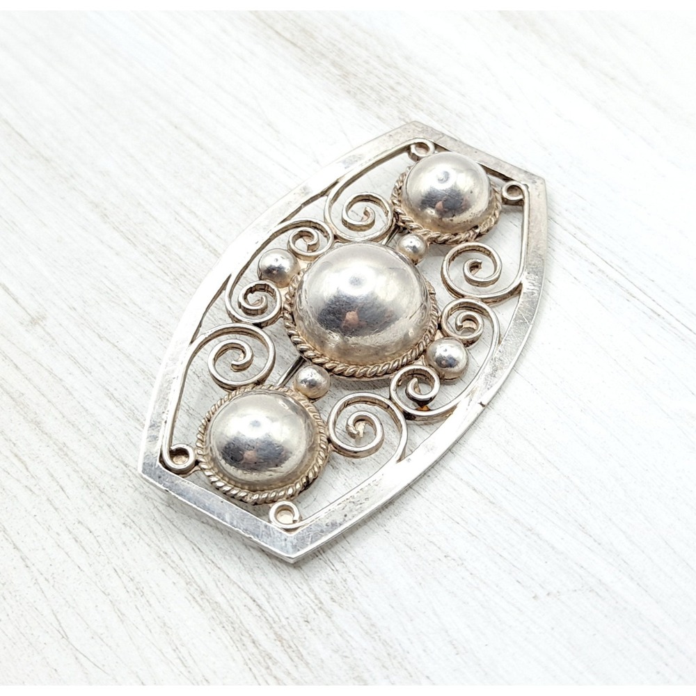 Vintage Sterling Silver Brooch Mid Century Mexico 925 Scroll Dome Pin - Picture 3 of 10